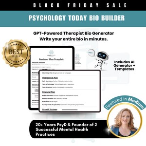 Puede incluir: Anuncio de venta del Black Friday para Psychology Today Bio Builder. La imagen incluye un sello dorado de "Best Seller", un robot y un retrato de mujer. El texto destaca un generador de biografía de terapeuta impulsado por GPT con plantillas.