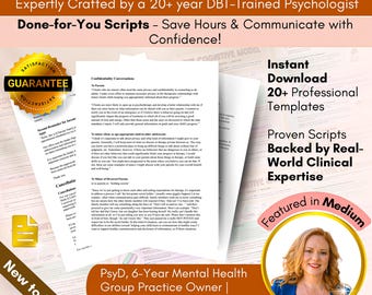 Könnte beinhalten: Ein digitaler Download für Therapeuten mit über 20 professionellen Vorlagen für Kommunikationsskripte. Das Bild zeigt eine farbenfrohe Grafik mit dem Text "Editable Therapist Communication Scripts" und "Sofort-Download 20+ professionelle Vorlagen". Das Bild zeigt auch ein Foto einer Frau mit dem Text "Vorgestellt in Medium".