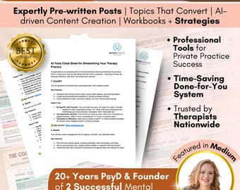 May include: A pink and white graphic with the text "Therapy Marketing Bundle" in a bold black font. The graphic features a best seller badge, a woman's face, and a list of features including "Expertly Pre-written Posts", "Topics That Convert", "AI-driven Content Creation", "Workbooks + Strategies", "Professional Tools for Private Practice Success", "Time-Saving Done-for-You System", and "Trusted by Therapists Nationwide". The graphic also includes the text "Featured in Medium".