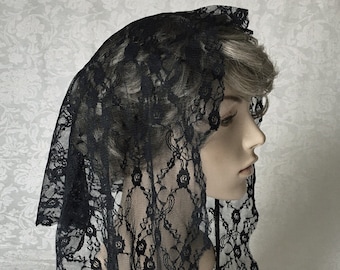 Black Delicate Stretch Lace Floral Mantilla Headcovering Triangle Chapel Veil, 49 x 19 inches -- Ready to Ship!