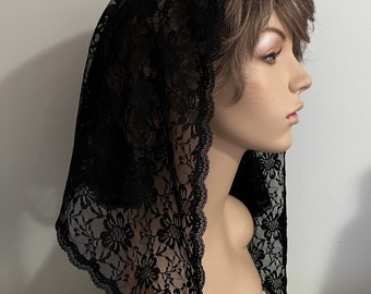 Black Stretch Floral Lace Headcovering with Narrow Edging