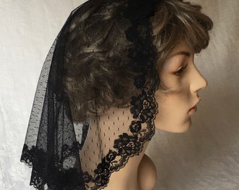 Black Princess Style Mantilla Sheer Lace-Edged Headcovering, Chapel Veil