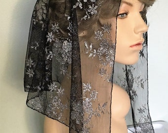 Black and Silver Mantilla Headcovering Chapel Veil, the Miranda Style - Ready to Ship!