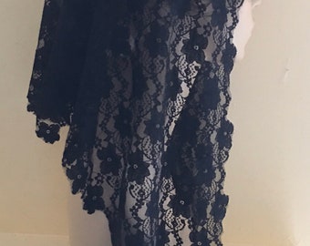 Black Stretch Lace Floral Mantilla Headcovering Triangle Chapel Veil, 50 x 18 inches -- Ready to Ship!