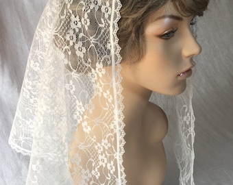 Ivory Floral Mantilla Chantilly Lace Headcovering, Chapel Veil