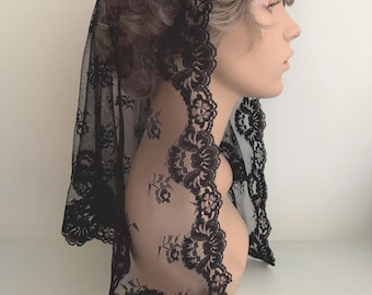 Mantilla negra transparente con roseta y borde de encaje para cubrir la cabeza