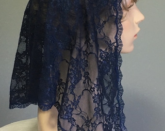 Navy Delicate Floral Mantilla Delicate Lace Headcovering, Chapel Veil