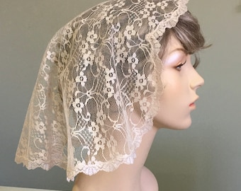 Beige/Light Tan Floral Princess Style Mantilla Chantilly Lace Headcovering, Chapel Veil