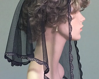 Gold-Edged Black Sheer Mantilla Headcovering Chapel Veil - Ready to Ship!