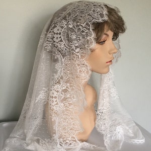 Exquisite White Chantilly Lace Long Mantilla Headcovering Chapel Veil - Ready to Ship!