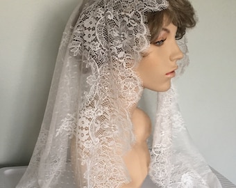 Exquisite White Chantilly Lace Long Mantilla Headcovering Chapel Veil - Ready to Ship!