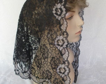 Black Floral Lace Mantilla Triangle Chapel Veil with Silver Edging, the Victoria Style in 3 Sizes - Ready to Ship!