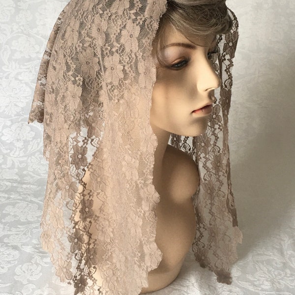 Tan Taupe Stretch Lace Floral Mantilla Headcovering Triangle Chapel Veil -- Ready to Ship!