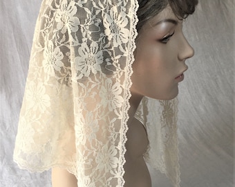 Cream Floral Stretch Lace Mantilla Triangle Headcovering Chapel Veil - Ready to Ship!