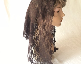 Brown Stretch Lace Floral Mantilla Headcovering Triangle Chapel Veil, 50 x 19 inches -- Ready to Ship!