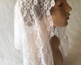 White Delicate Stretch Lace Floral Mantilla Headcovering Triangle Chapel Veil, 46 x 18 inches -- Ready to Ship!