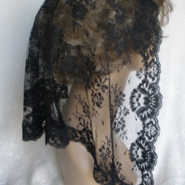 Gorgeous Black Mantilla Chantilly Lace Headcovering Triangle Chapel Veil - Ready to Ship!