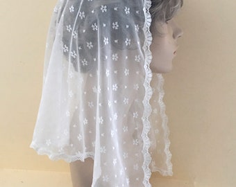 Ivory Floral Dot Lace Mantilla Triangle Headcovering Chapel Veil - Ready to Ship!