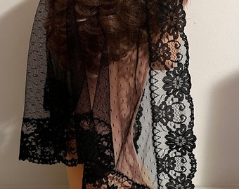 Black Dotted Mesh Lace Mantilla Headcovering Chapel Veil, the Elizabeth Style - Ready to Ship!