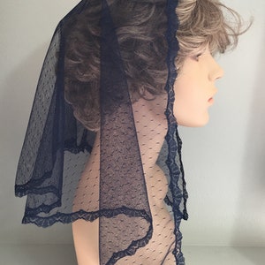 Navy Delicate Sheer Mantilla Delicate Lace Headcovering, Chapel Veil in 3 Sizes