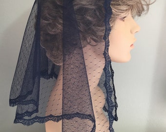 Navy Delicate Sheer Mantilla Delicate Lace Headcovering, Chapel Veil, 45 x 20 inches