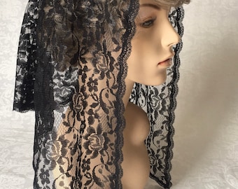 Black Floral Lace Mantilla Headcovering Chapel Veil: The Rose Style in 3 Sizes