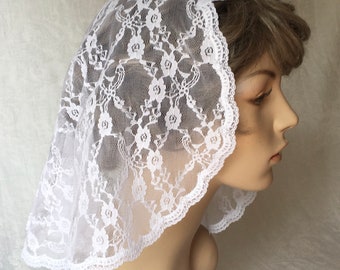 White Delicate Stretch Lace Princess Style Headcovering with Narrow Scalloped Edging
