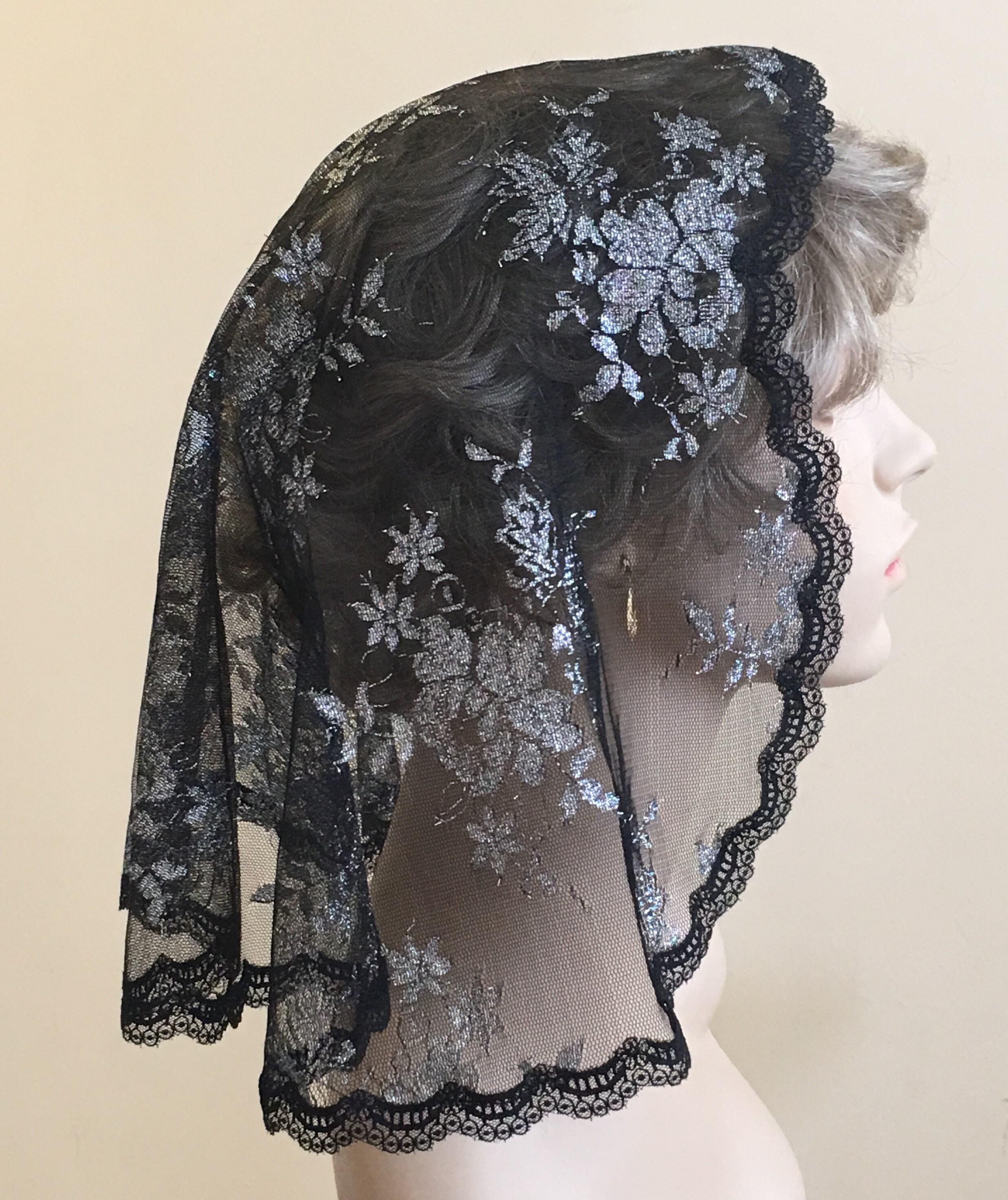 Silver Lurex on Black Mesh Princess Style Mantilla Chantilly Lace Headcovering, Chapel Veil -- Choose your size