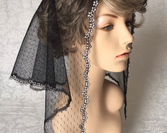 Black Sheer Headcovering Chapel Veil with Silver Edging - Ready to Ship!
