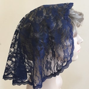 Navy Floral Princess Style Mantilla Lace Headcovering Chapel Veil