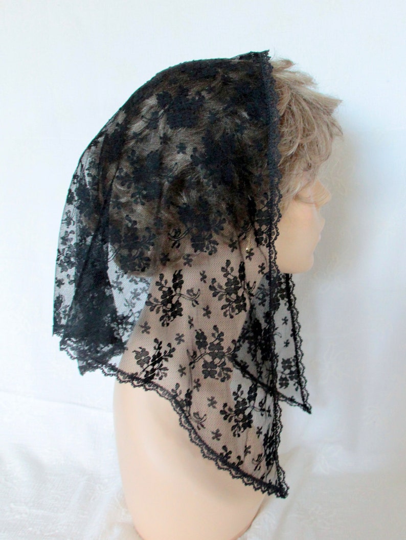 Black Bouquet Lace Mantilla Headcovering Chapel Veil image 1