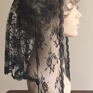 Black Sheer Floral Lace Mantilla Headcovering Chapel Veil: The Geneva Style in 3 Sizes