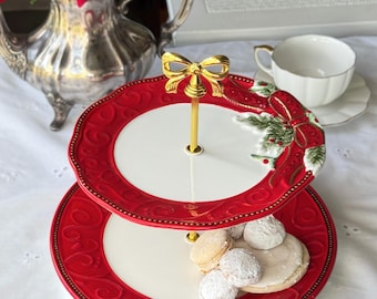 Fitz and Floyd Damask Holiday 2 Tier Cake Stand, Christmas Serving Platter, Red and Gold Holly Tiered Dessert Tower, Holiday Hosting Gift
