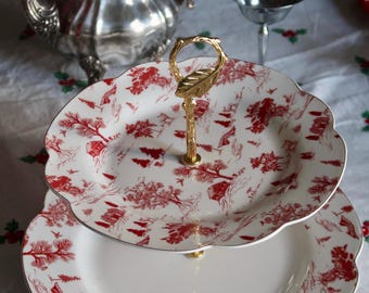 Vintage Red Toile 2 Tier Cake Stand Ceramic Holiday Dessert Tiered Tray Christmas Village Transferware Serving Platter Tea Party Cake Stand