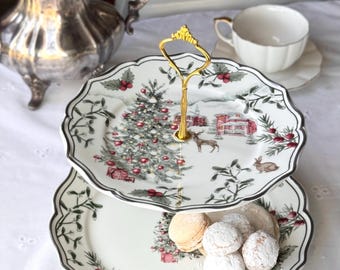 2-Tier Christmas Porcelain Dessert Stand - H&M Home Winter Woodland Plates with Gold Handle – Festive Holiday Cookie and Cake Serving Tray