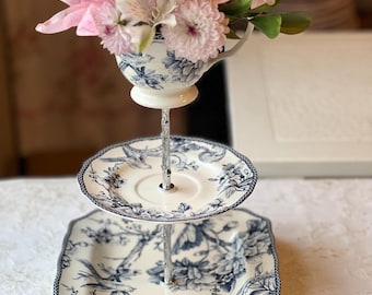 3-Tiered Cake Stand: Blue White Toile Bird Porcelain Dessert Tableware