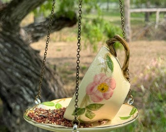 Vintage Franciscan Desert Rose Teacup Bird Feeder: Floral Garden Decor