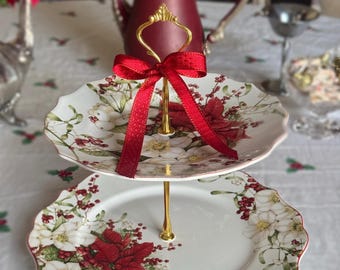 Poinsettia Christmas Cookie Stand: 2-Tier Holiday Serving Tray