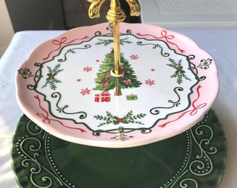 Christmas Tiered Tray, 2 Tier Pink and Green Holiday Cake Stand, Christmas Tree Serving Platter, Vintage Christmas Tea Party Cupcake Tower
