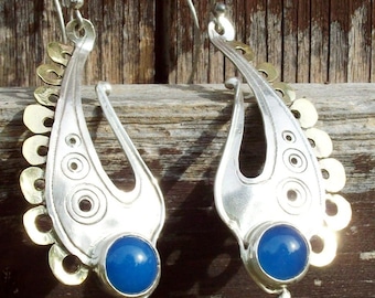 BIRD'S BEAK - Silver and brass Earrings with stone