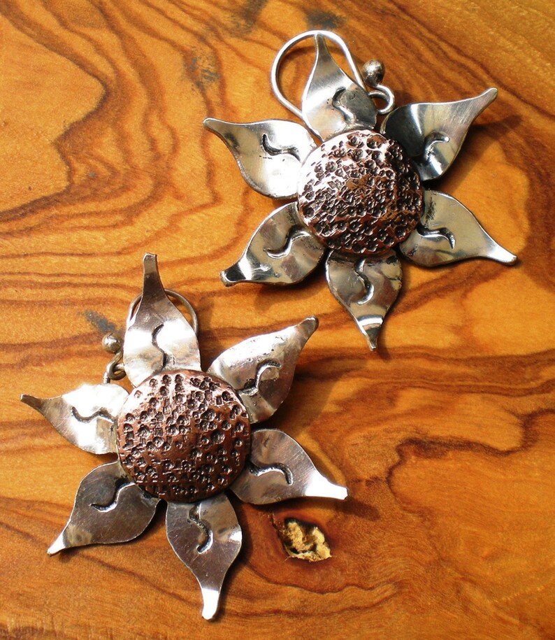 SUNFLOWERS LARGE Silver and Copper Earrings Etsy