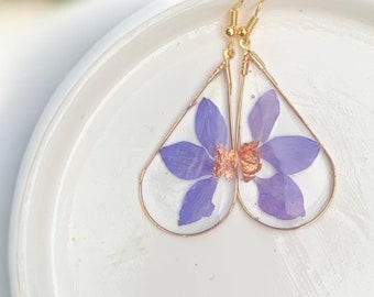 Handmade Real Pressed Purple Flower Petals Drop Earrings| Resin Earrings with Red Petals and Copper| Handcrafted Botanical Earrings