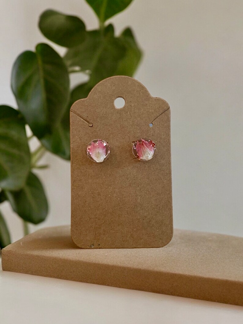 Handmade Dried Red Plum Petal Resin Studs W/ Pink Foil Resin Jewelry