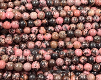AAA Rhodonite Beads: Natural Black Pink Smooth Rounds, 15.5&quot; Strand
