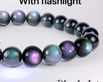 Pulsera elástica con cuentas lisas de obsidiana arcoíris natural AAA. Gemas de 8 mm, 10 mm, 12 mm, 14 mm, 16 mm, 18 mm y 20 mm.