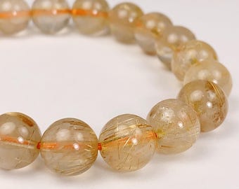 Natural Golden Rutilated Quartz Bracelet: 8mm Smooth Round Gemstone