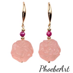 Pendientes de peonía de cuarzo rosa: rubí, plata de ley bañada en oro de 18 quilates