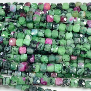 4mm + Genuine Natural Red Ruby Green Zoisite  Cube Square Beads 15.5" Strand