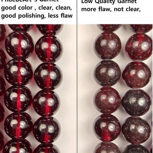 May include: Close-up photo of two rows of garnet beads under a magnifying glass. The top row is labeled "PhoebeArt's Garnet" and describes the beads as having good color, clear, clean, good polishing, and less flaws. The bottom row is labeled "Low Quality Garnet" and describes the beads as having more flaws and not being clear.