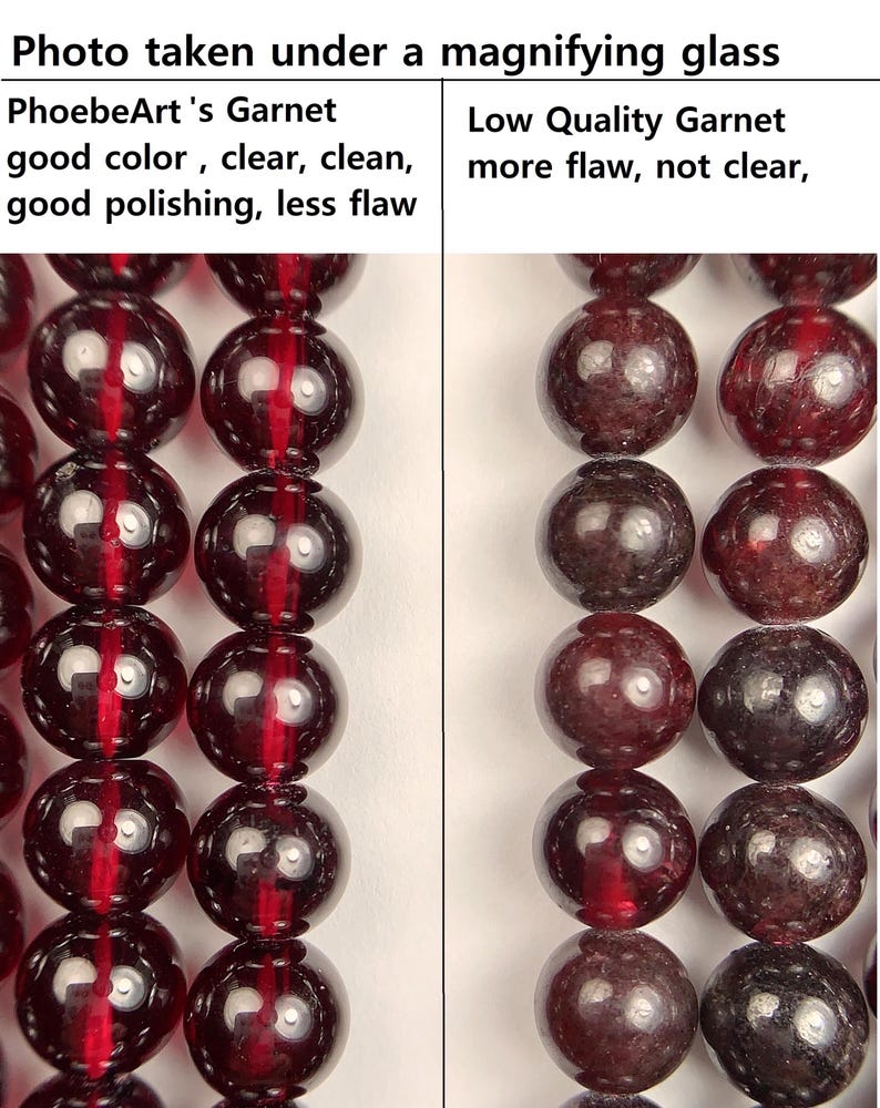 May include: Close-up photo of two rows of garnet beads under a magnifying glass. The top row is labeled "PhoebeArt's Garnet" and describes the beads as having good color, clear, clean, good polishing, and less flaws. The bottom row is labeled "Low Quality Garnet" and describes the beads as having more flaws and not being clear.